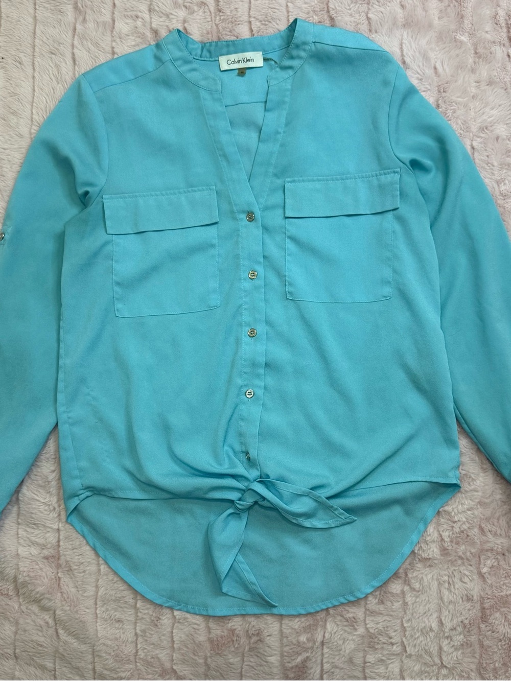 Calvin Klein - Lightweight Turquoise Button-Front Tie Hem Shirt - Size XS